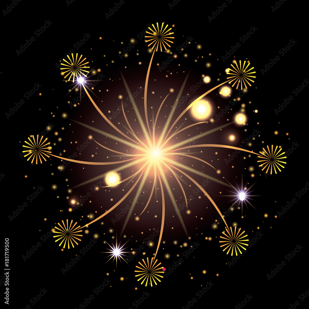 Naklejka premium fireworks bursting in glowing yellow and starry flashes around on black background