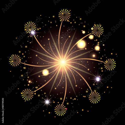 fireworks bursting in glowing yellow and starry flashes around on black background