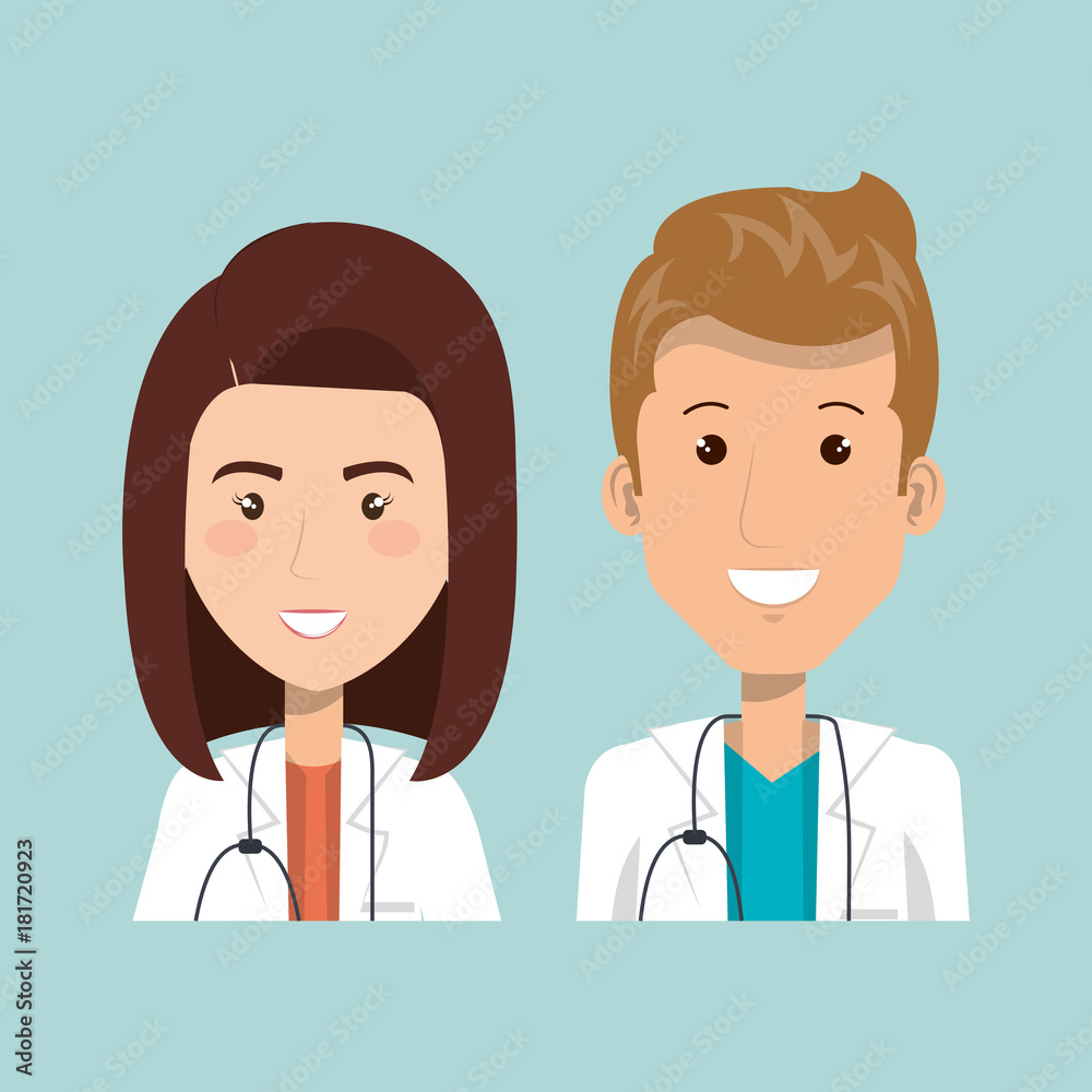 Brunette woman and blondeman doctors over blue background vector illustration Brunette woman and blondeman doctors over blue background vector illustration