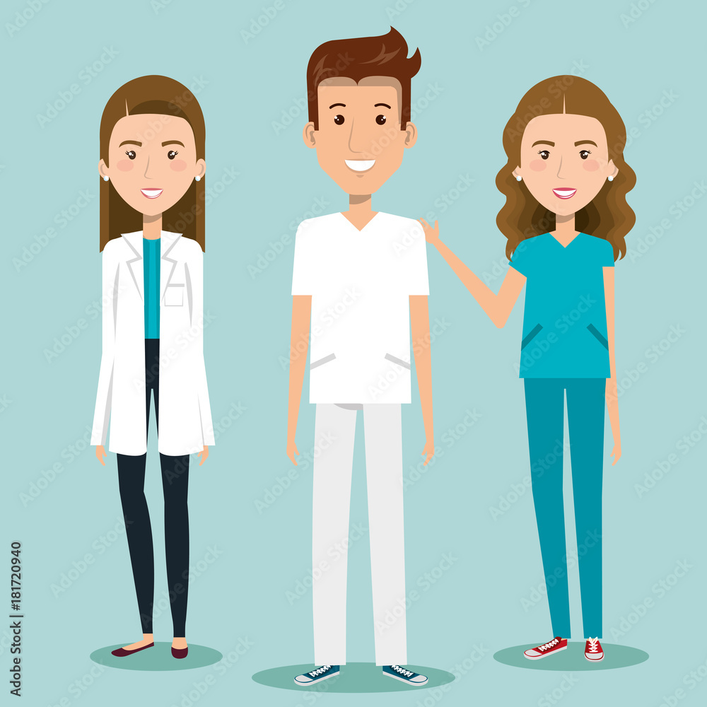 Women and man health professionals over blue background vector illustration Women and man health professionals over blue background vector illustration