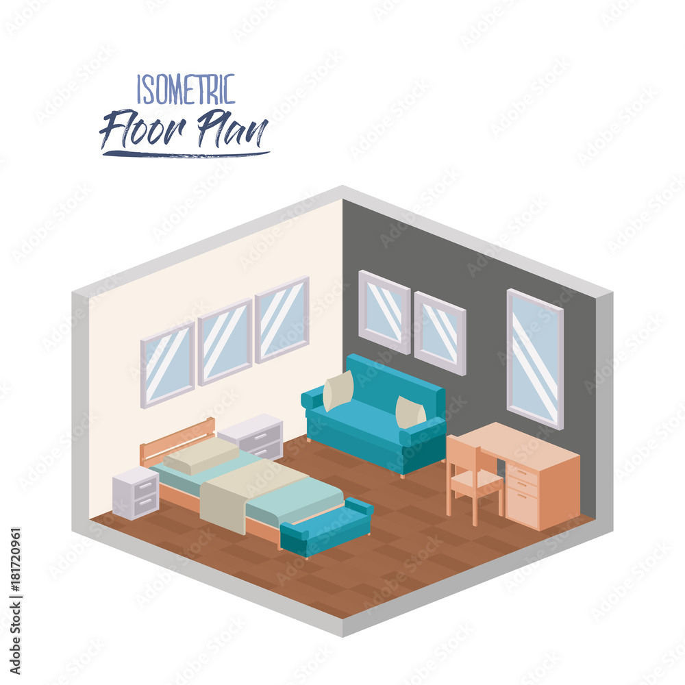 isometric floor plan of bedroom interior colorful silhouette