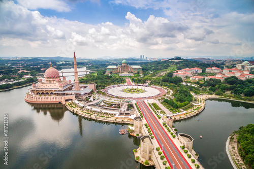 Aerial view of Masjid Putra, the Pink Mosque in Putra Jaya, Kuala Lumpur, Malaysia.
