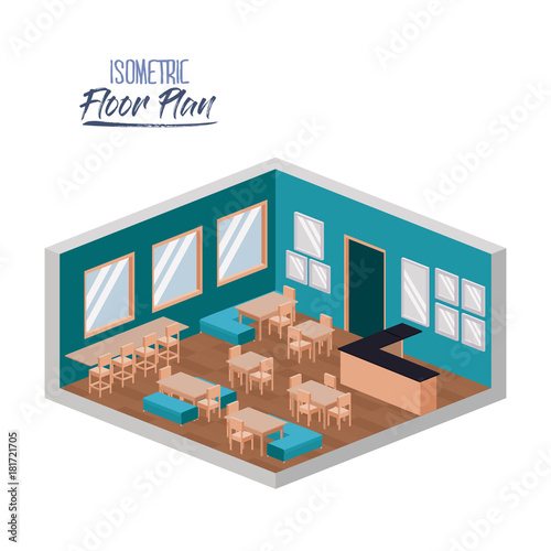 isometric floor plan of school canteen in colorful silhouette