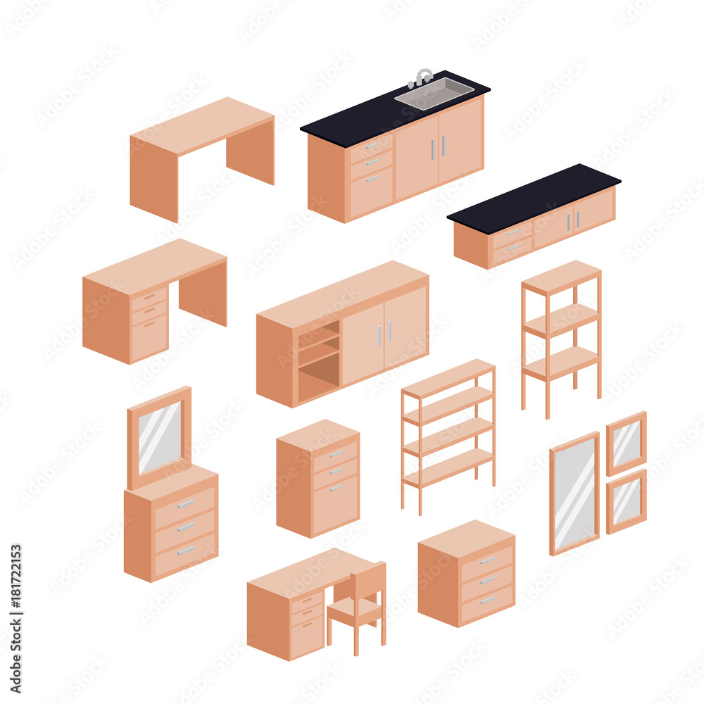 kitchen furniture set in colorful silhouette over white background