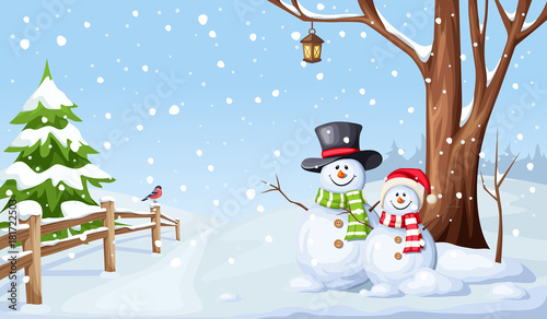 Vector winter Christmas landscape with snowmen and snowfall.