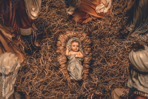Obraz na plátně Nativity scene Christmas crib background