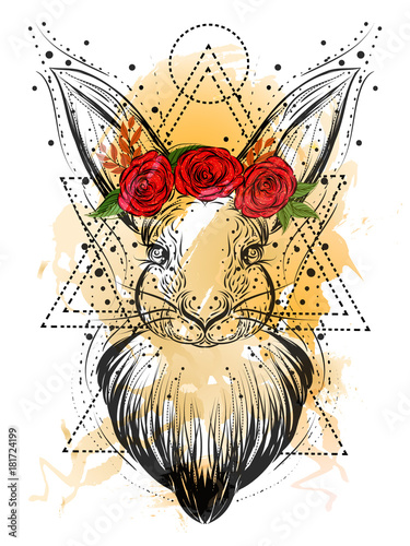 Bohemian illustration with hand drawn white rabbit at watercolor background. Vintage, boho, gypsy style.