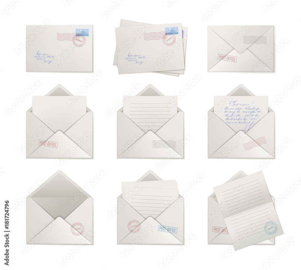 Mail envelopes opened and sealed. Collection of covers with seals and empty, front and back, blank forms and letters. Vector illustration of a set of postal items