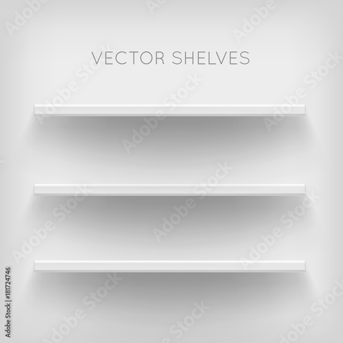 White shelves on white background. Realistic, voluminous racks with a shadow. Vector illustrations of empty store stand in the supermarket, front view