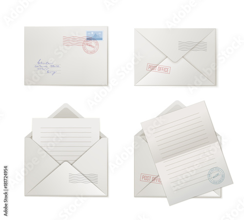 Steps opening envelope, set. Cover and letter at different stages of handling correspondence. Vector illustration of sequential opening a packet