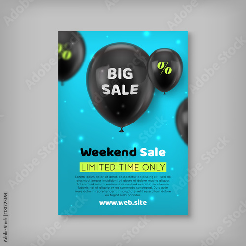 Banner inscription big sale. Notification of a weekly sale, limited in time offer. Vector illustration, black balls on a blue background. Information about discounts, favorable offers