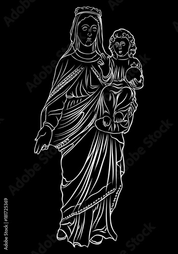 Isolated nativity scene. Mary with the young Jesus Christ in her arms. Blackwork adult flesh tattoo concept of Virgin Mary carrying the baby Jesus. Vector.