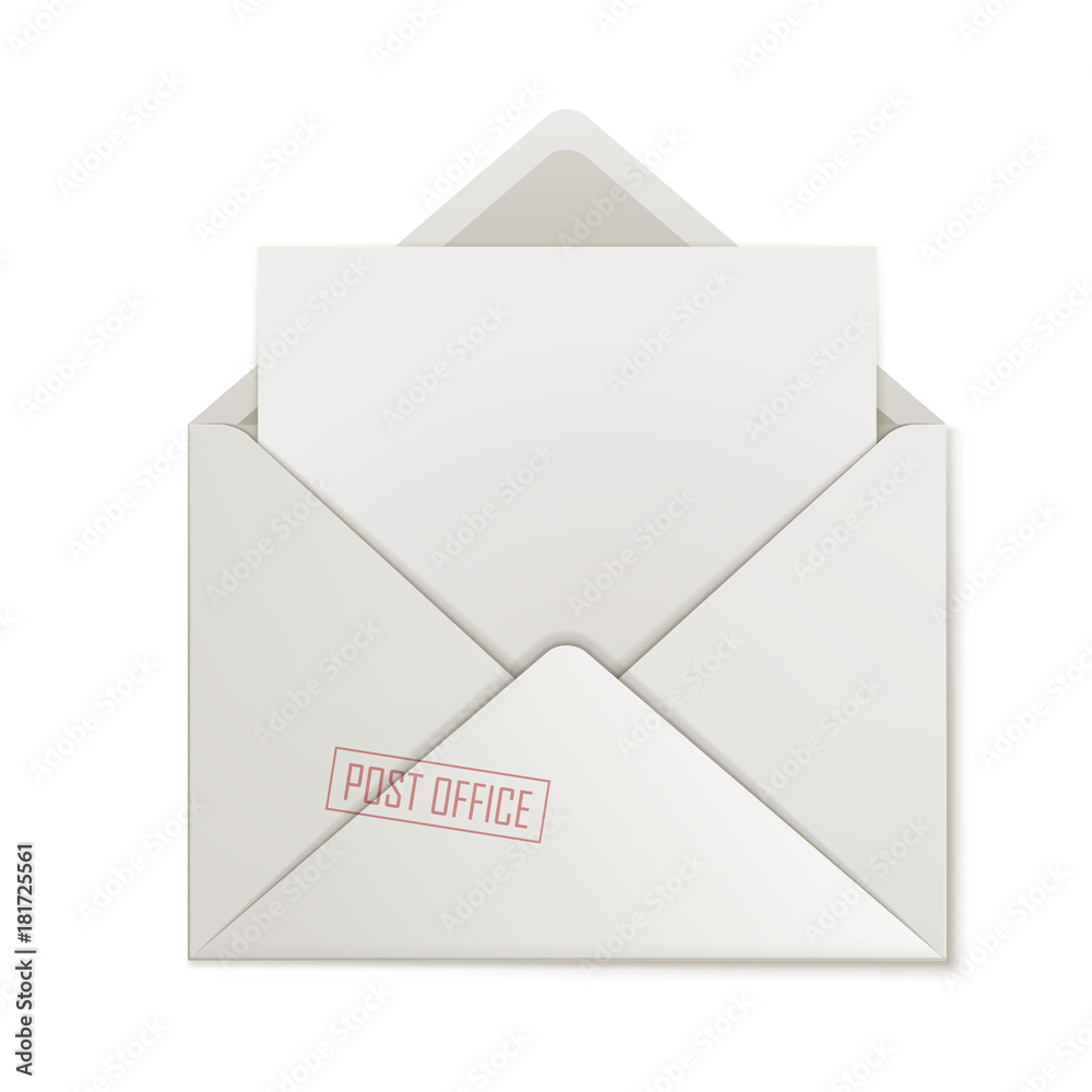 Open envelope, clean paper, isolated. Cover close-up with letter inside. Uncovered message, blank form, vector illustration Open envelope, clean paper, isolated. Cover close-up with letter inside. Uncovered message, blank form, vector illustration