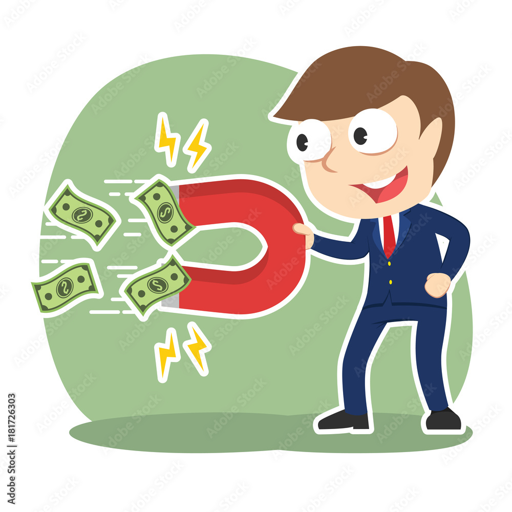 Businessman using magnet to attract moneys– stock illustration