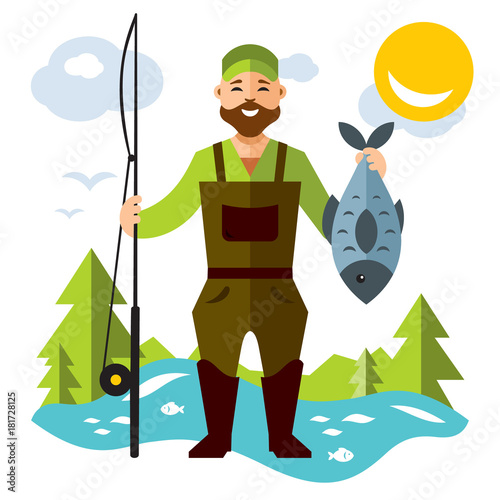 Vector Fishing. Fisherman with big fish. Flat style colorful Cartoon illustration.