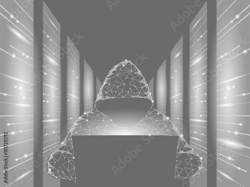 Internet security cyber attack business concept low poly. Anonymous hacker laptop computer gray white finance danger. Server room rack polygonal point line dot geometric design vector illustration