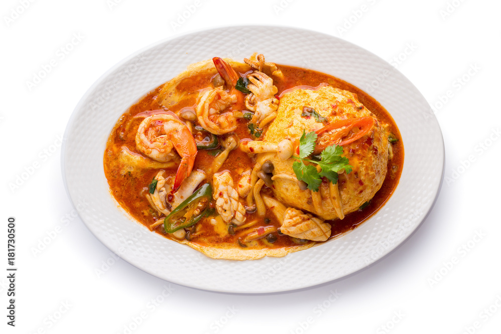 Stir Fried Seafood with Rice isolated on white background Stir Fried Seafood with Rice isolated on white background