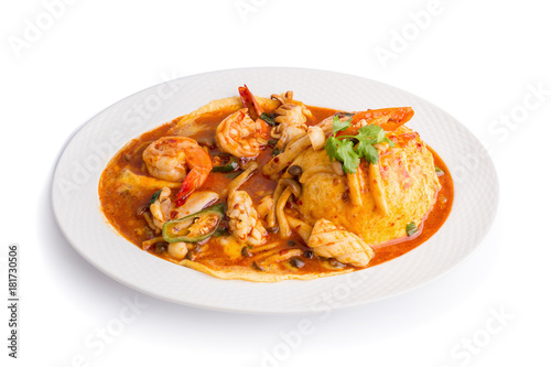 Stir Fried Seafood with Rice isolated on white background
