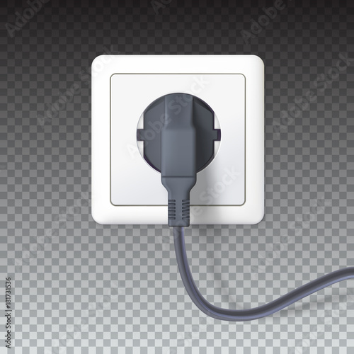 Realistic black plugs inserted in electrical outlet, isolated on transparent background. Electric plugs and socket. 3D illustration. Icon of device, connecting electrical appliances, equipment
