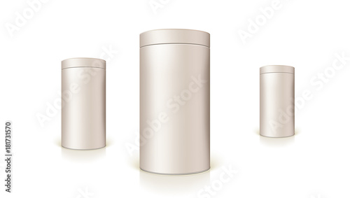 Set of round tins of packaging for bulk products and canned products. Container cylindrical shaped, Icon, template of round tin cans. Vector 3D illustration isolated on white background.