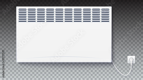 Domestic electric heater, icon of home convector plugged the cord with plug to electricity. Electric panel of radiator appliance for space heating isolated on transparent background.