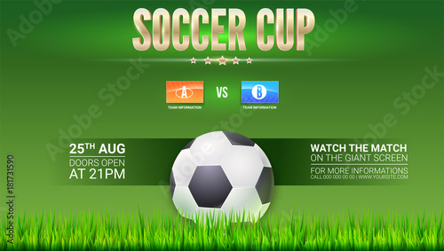 Soccer  european football cup ad. Template with flags of participants. Green field with grass and classic ball. Horizontal 3D illustration  template for print design for football  soccer events.
