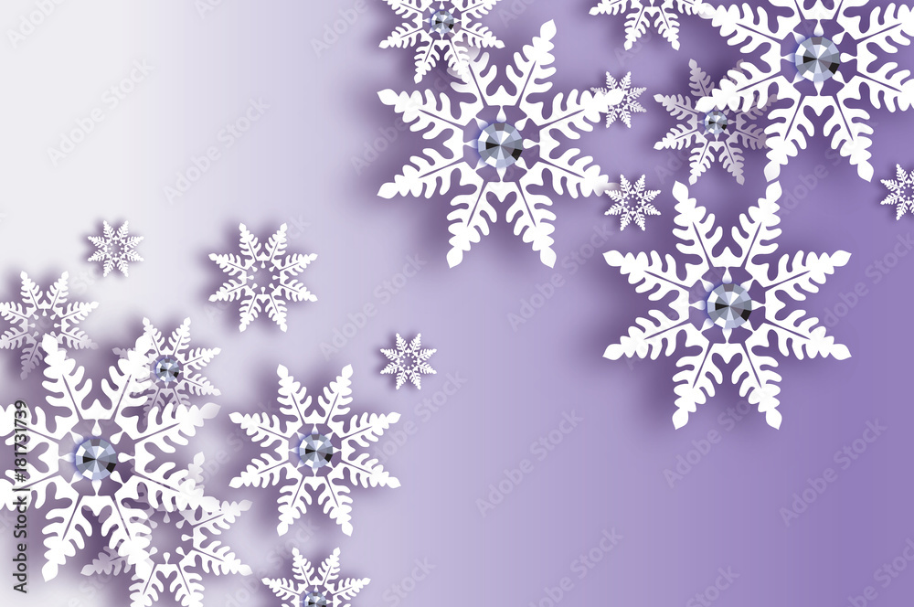 Origami Snowfall with diamond. Crystal Happy New Year Greetings card. Brilliant Merry Christmas. White Paper cut snow flake. Winter snowflakes. Holidays. Purple background. Vector