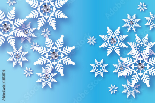 Origami Snowfall with diamond. Crystal Happy New Year Greetings card. Brilliant Merry Christmas. White Paper cut snow flake. Winter snowflakes. Holidays. Blue background. Vector