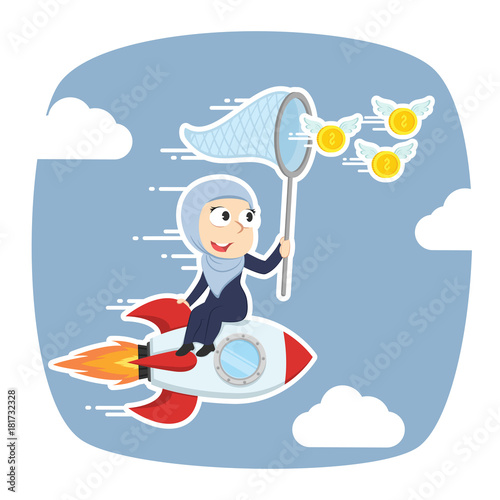 Arabian businesswoman on rocket chasing flying coins    stock illustration