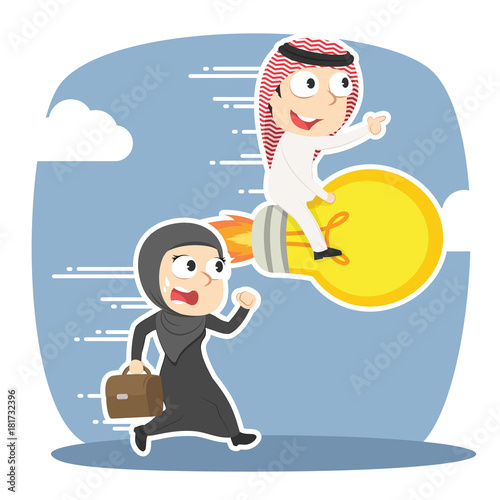 Arabian businessman on bulb racing against arabian businesswoman– stock illustration