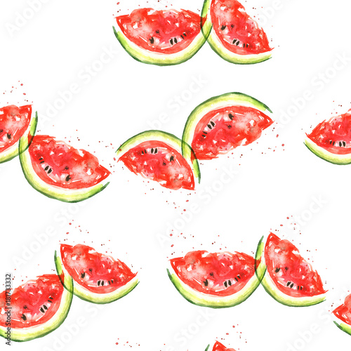 Fototapeta Naklejka Na Ścianę i Meble -  Seamless watercolor pattern with a piece of red
Watermelon, vintage bright drawing of a topical fruit.