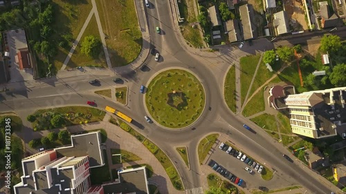 sunny evening baranovichi cityscape street circle aerial panorama 4k belarus
 photo