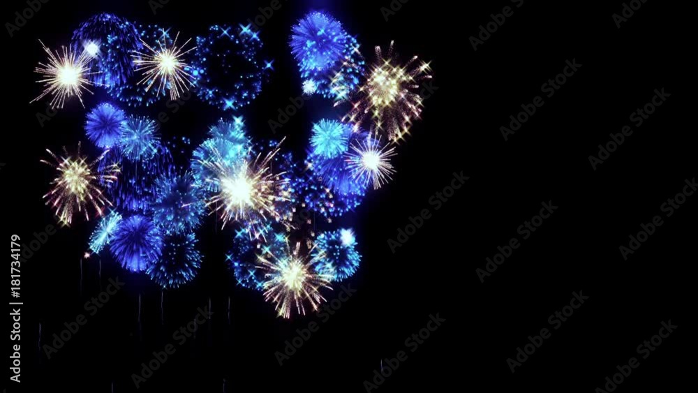blue fireworks as background for holidays like New Year, Christmas or other holydays. Beautiful firecrackers show are isolated on black and ready for compositing.3d animation pyrotechnic light show.10