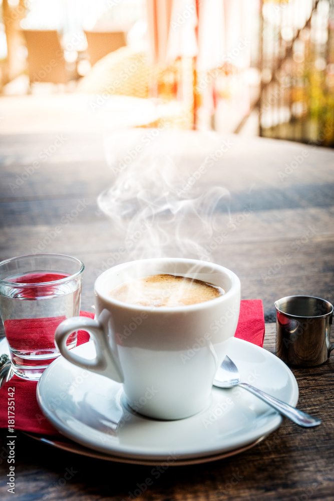 Hot coffee on wood table Hot coffee on wood table
