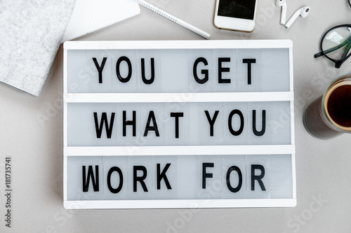 Motivational board and stationery. Business concept. Top view, flat lay