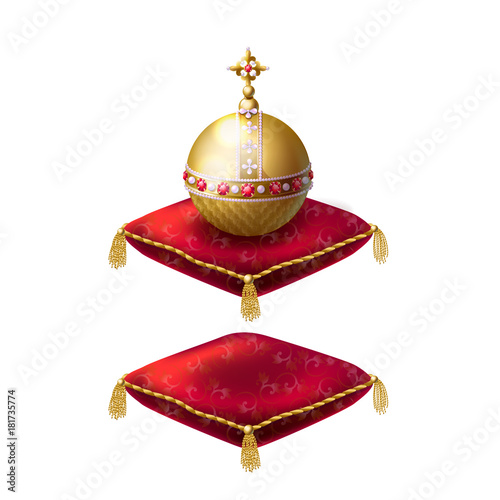 Royal golden orb with jewels on red velvet pillow, set of vector realistic icons isolated on white background. Heraldic elements, monarchic symbols