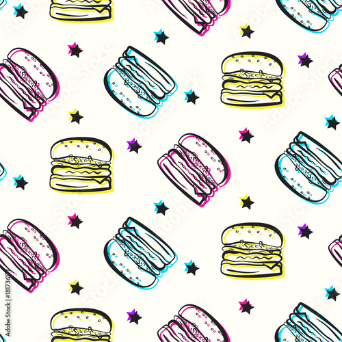 Bright party pattern with burgers and stars. Comic flat pop art colorful outline hamburger texture for fast food banner, textile, wrapping paper, package, cover