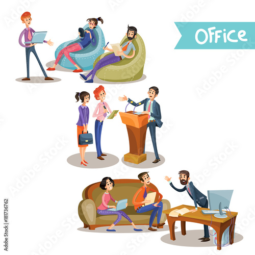 Set of vector illustrations of a leader with subordinate office workers holding negotiations behind the tribune, at the table and sitting on the couch isolated on white background in cartoon style.