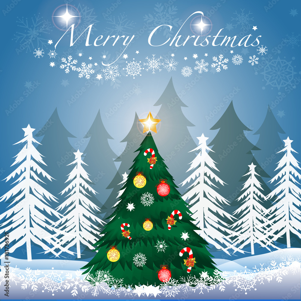 Vector and illustration Christmas tree decorated with candy, ornament and snowflake in winter forest on fairy night blue sky background with shiny star and Merry Christmas word