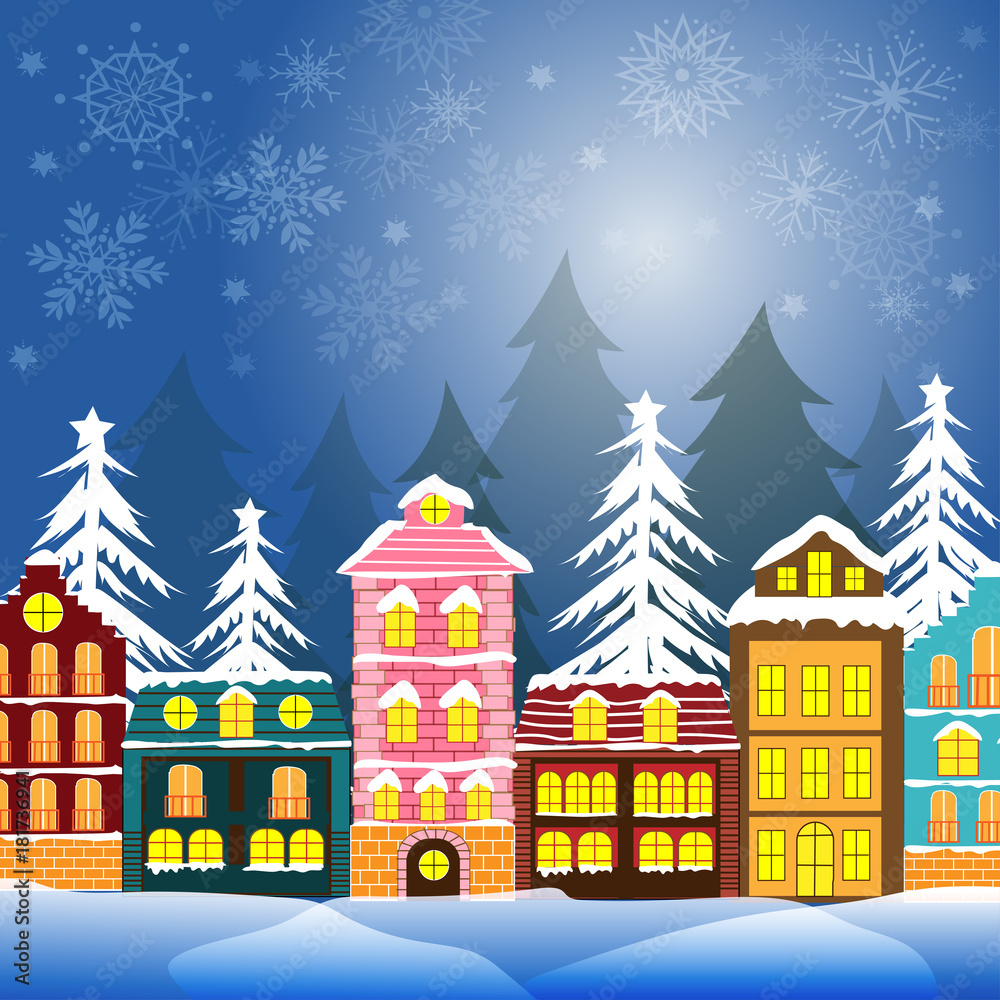 Vector and illustration of snow town concept, cute village buildings in snow with christmas tree forest and snowflake on blue sky background
