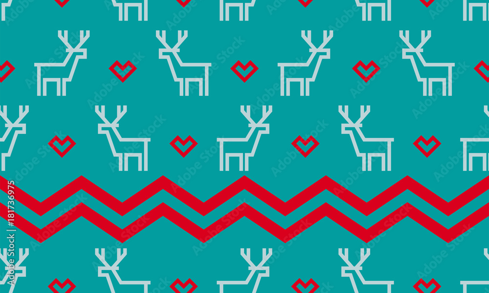 Christmas deer pattern background of seamless reindeer and red heart for winter holiday New Year greeting card. Vector white deer pattern on blue background and red zigzag ornament embroidery tracery