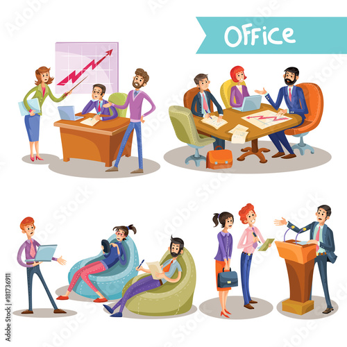 Set of vector illustrations of a businessman with his subordinates, partners, holding negotiations, studying diagrams, isolated on white background in cartoon style.
