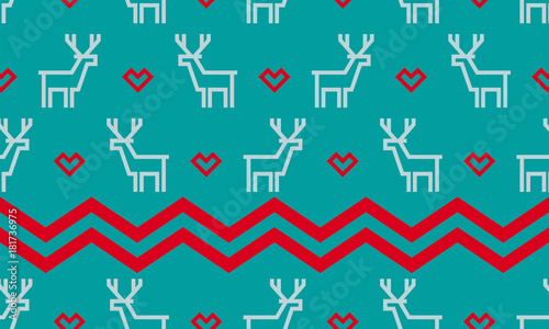 Christmas deer pattern background of seamless reindeer and red heart for winter holiday New Year greeting card. Vector white deer pattern on blue background and red zigzag ornament embroidery tracery