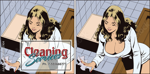 Sexy girl doing cleaning. Inspiration for scrapbook, banner, sticker, social network.