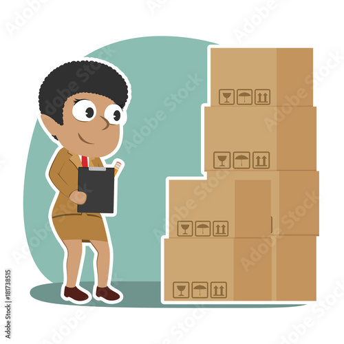 African businesswoman checking packages– stock illustration