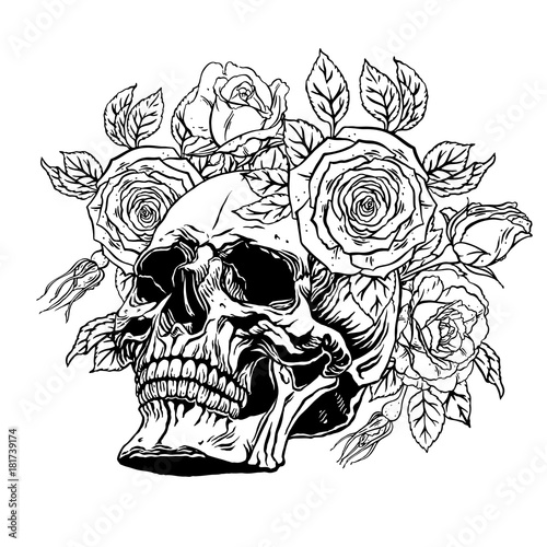 human skull with a roses wreath