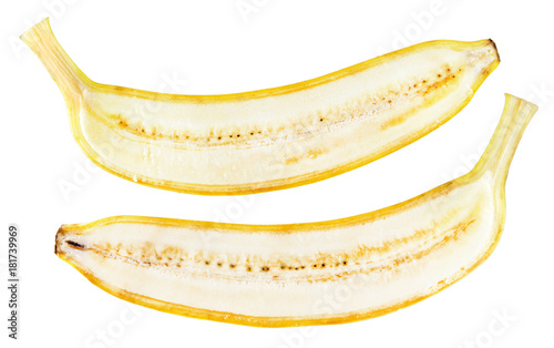 Yellow banana cut in half inside longitudinal section isolated on white background