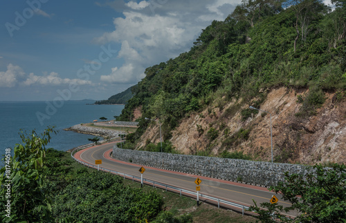 Beautiful curved road by the sea, Chalern Burapha Chonlathit Highway, Chanthaburi, Thailand.  