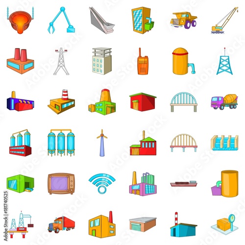 Industry icons set, cartoon style