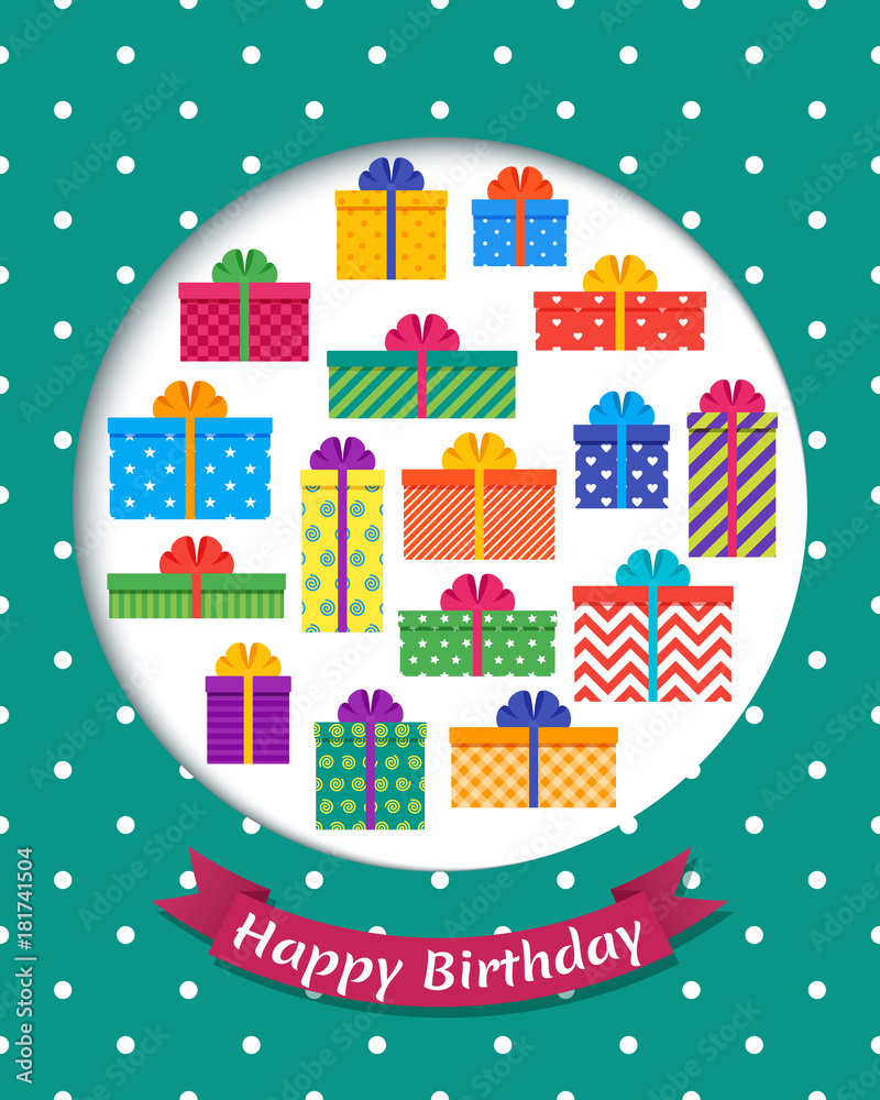 Birthday greeting card with gift boxes. Happy holiday template. Vector illustration. Invitation decoration colorful background. 